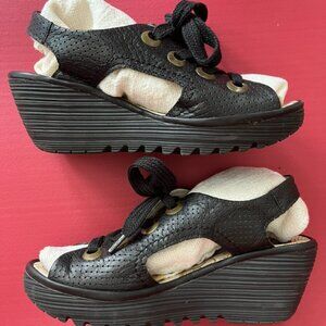FLY LONDON YUTA PERFORATED BLACK LEATHER LACE UP OPEN TOE/HEEL PLATFORM WOMEN 39
